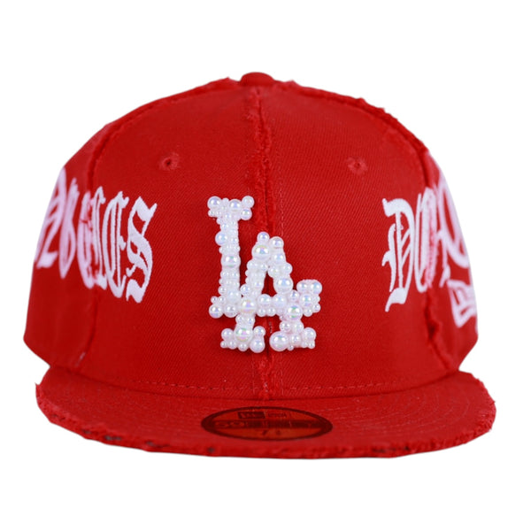 Red LA Fitted " White Pearl Logo" Cap