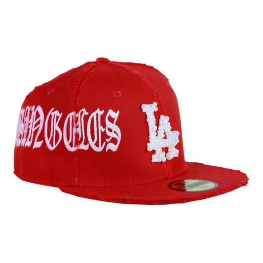 Red LA Fitted " White Pearl Logo" Cap