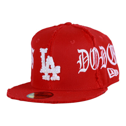Red LA Fitted " White Pearl Logo" Cap