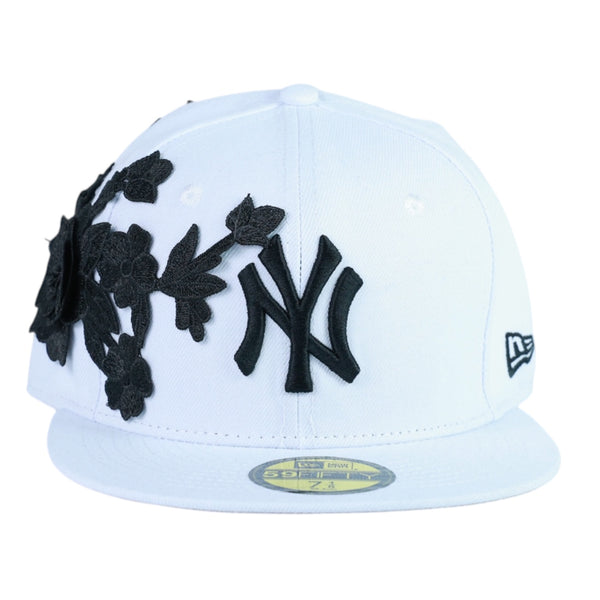 White NY Fitted "Black Flower" Cap