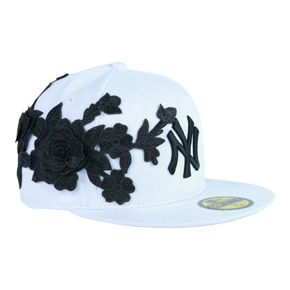 White NY Fitted "Black Flower" Cap