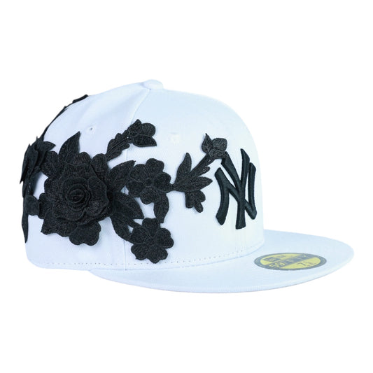 White NY Fitted "Black Flower" Cap