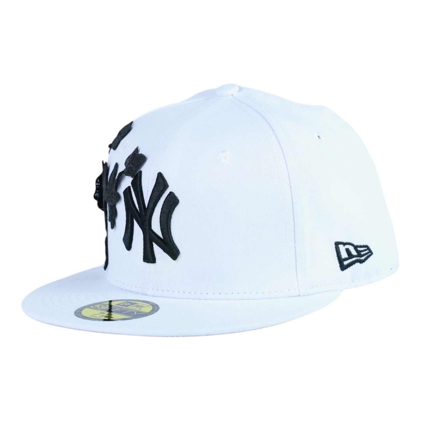 White NY Fitted "Black Flower" Cap