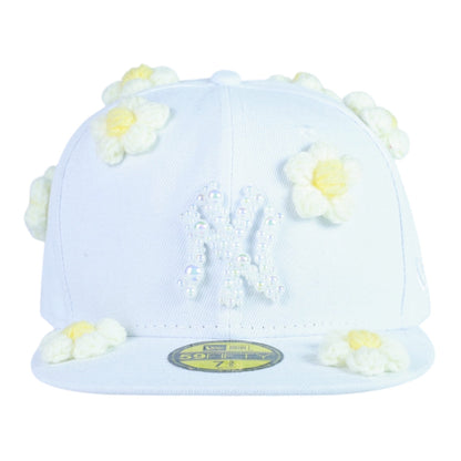 White NY Fitted Flower "White Pearl Logo" Cap
