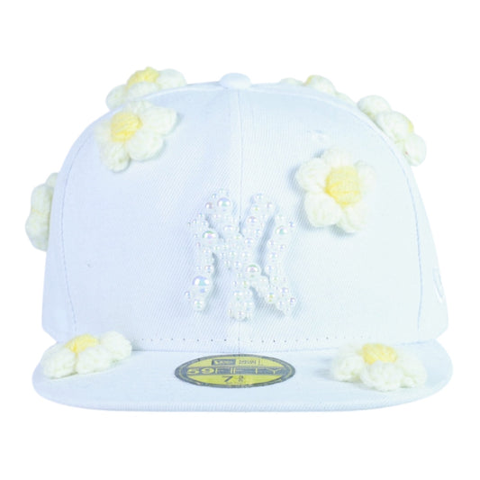 White NY Fitted Flower "White Pearl Logo" Cap