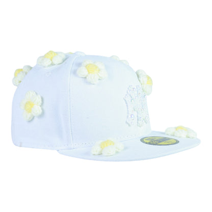 White NY Fitted Flower "White Pearl Logo" Cap