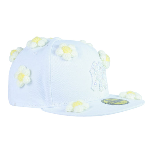 White NY Fitted Flower "White Pearl Logo" Cap