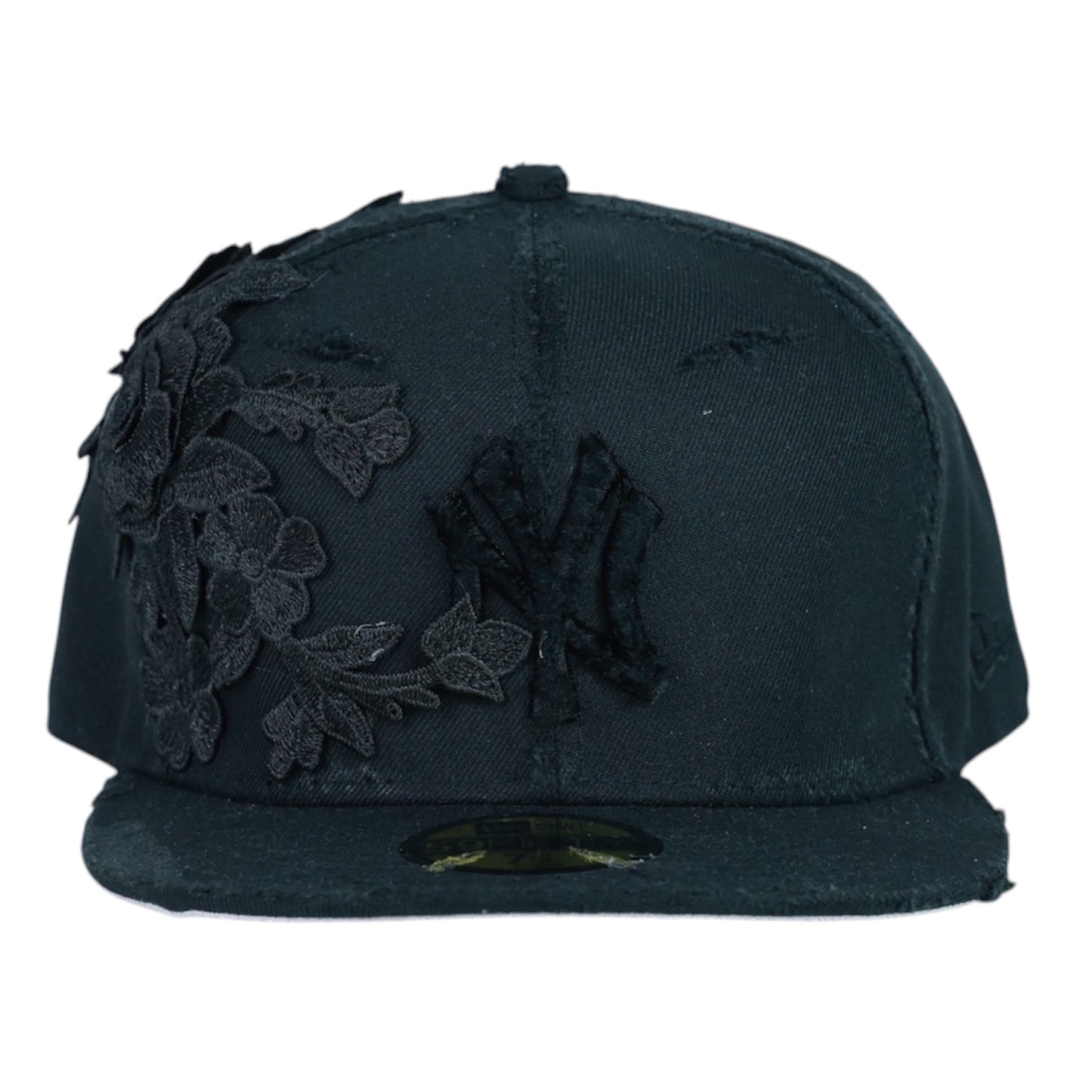 Black Distressed Fitted "Flower" Cap