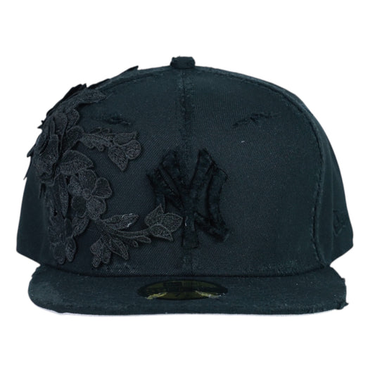 Black Distressed Fitted "Flower" Cap