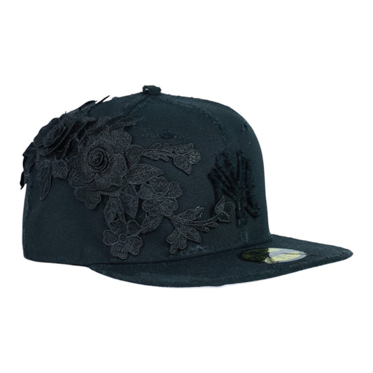 Black Distressed Fitted "Flower" Cap
