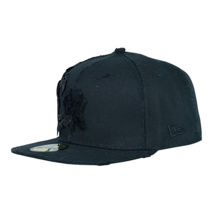 Black Distressed Fitted "Flower" Cap