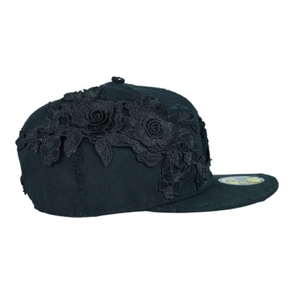 Black Distressed Fitted "Flower" Cap