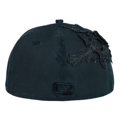 Black Distressed Fitted "Flower" Cap