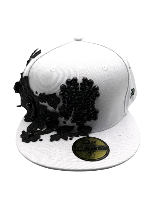 White NY "Iced Black Flower" Fitted Cap