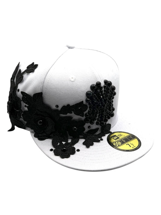 White NY "Iced Black Flower" Fitted Cap